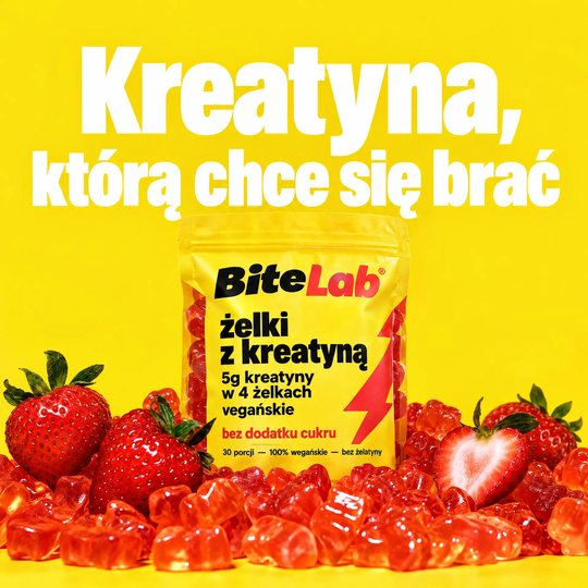 A BiteLab ad: creatine gummies on a yellow ground with strawberries