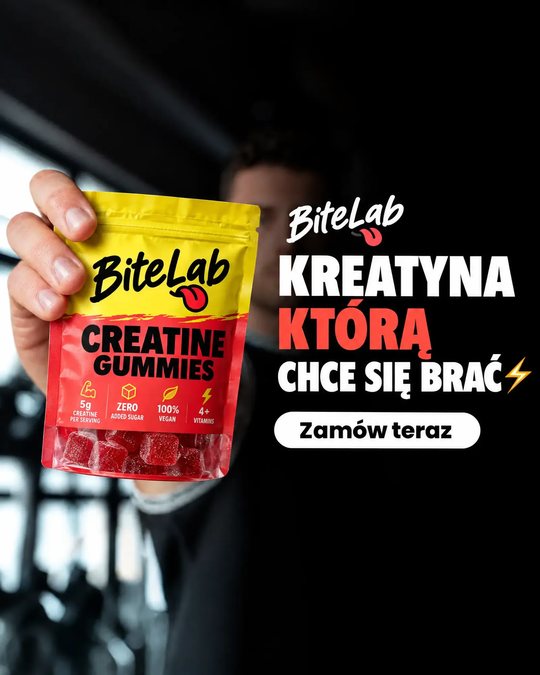 A BiteLab ad: the creatine gummies pack held up in a gym
