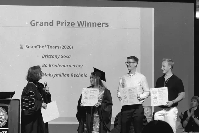 Mentic team receiving the Grand Prize at the SF State Appathon for SnapChef
