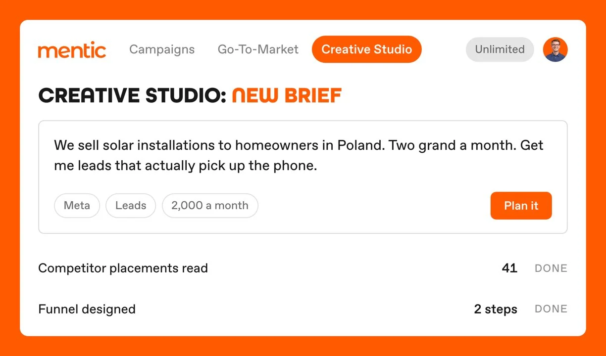 The Mentic brief screen with the example brief typed in: solar installations for homeowners in Poland, two grand a month.